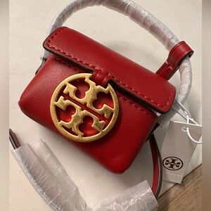 NWT! NEW! Tory Burch Miller Leather Airpods Case Mini Bag Red with Gold Accent